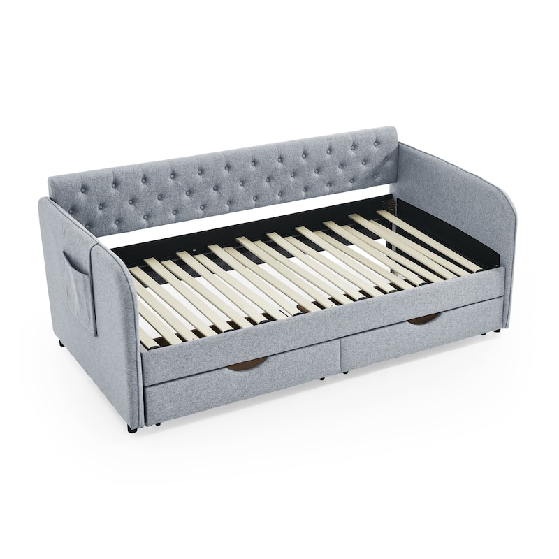 Roomfitters Twin Upholstered Daybed with Trundle, Underbed Storage and Flat Arms with Side Pocket, Extendable Design