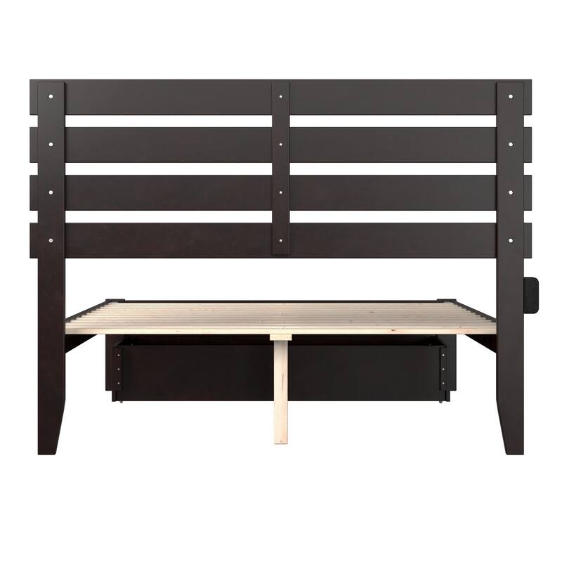 Full Size Bed with Storage Drawer - Espresso Finish, Modern Farmhouse Style Bed Frame