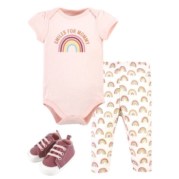 slide 1 of 1, Hudson Baby Infant Girl Cotton Bodysuit, Pant and Shoe Set, Sunshine Rainbows Newborn - Sunshine Rainbows Short Sleeve