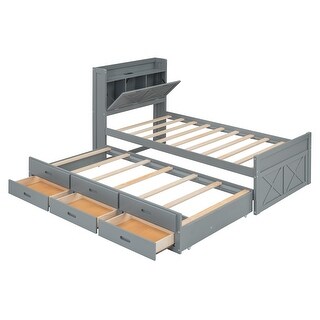 Twin Size Bed Frame, Storage Headboard, Outlets,Trundle,3 Drawers,Gray