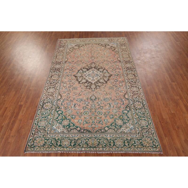 Traditional Mashad Persian Vintage Area Rug Handmade Wool Carpet - 6'5" x 10'1"