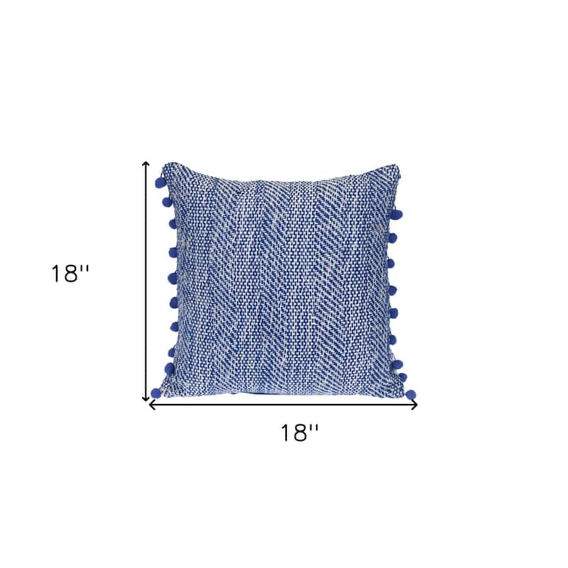 HomeRoots 18" Blue and White Weave Cotton Throw Pillow With Pom Poms