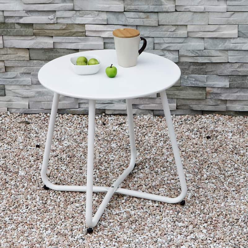 Patio Side Tables for Outside, Small End Table Accent Table Metal Round for Deck Garden Porch Balcony Yard Lawn - φ17.7" - Pure White
