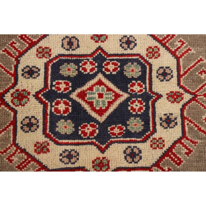 Brown Geometric Kazak Oriental Square Rug Hand-Knotted Wool Carpet - 6'8" x 6'5"