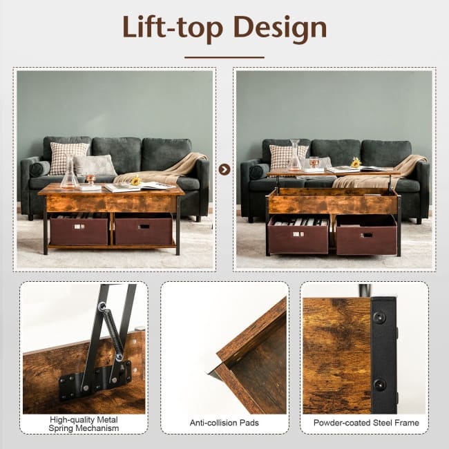 Lift Top Coffee Table Central Table with Drawers and Hidden Compartment for Living Room - 42" x 19.5" x 19" (L x W x H)