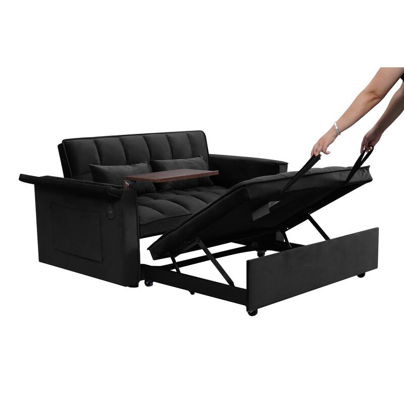 Convertible Sofa Bed, Velvet Sleeper Couch Pull-Out Bed, 55.5'' Loveseat Sleeper Sofa Bed with USB Port and Hidden Side Table