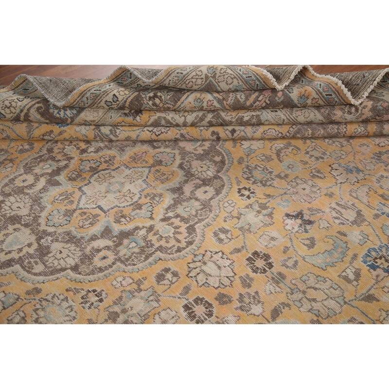 Hand Knotted Oriental 100% Wool Carpet Traditional Floral Yellow & Gold Mashad Area Rug - 12' 5'' X 9' 4''