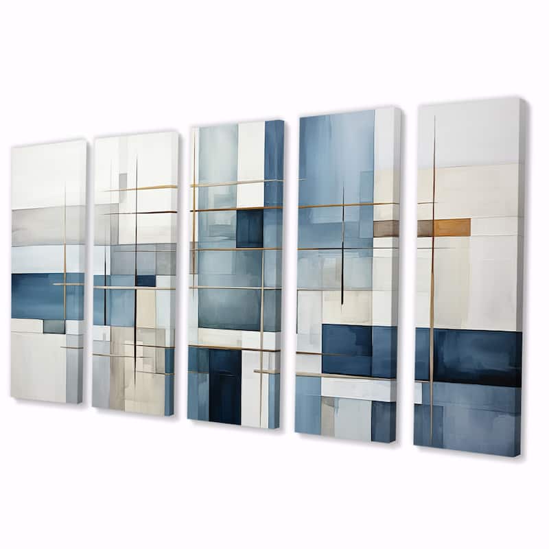 Designart "Blue Grey Line Art Abstract Geometrics I" Modern Multipanel Canvas Art Print set