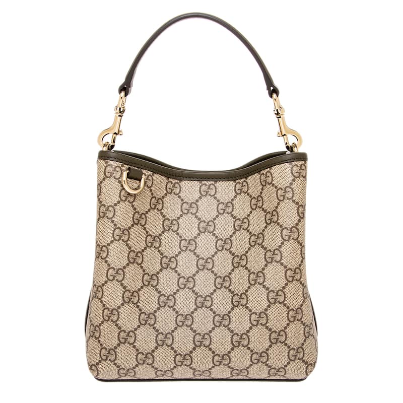 GG Emblem Small Bucket Bag - Beige with Forrest Green