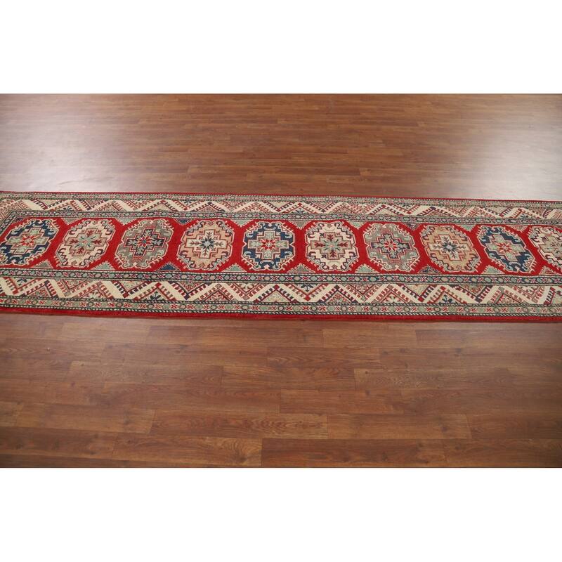Red Geometric Kazak Oriental Runner Rug Hand-Knotted Foyer Wool Carpet - 2'9" x 10'9"
