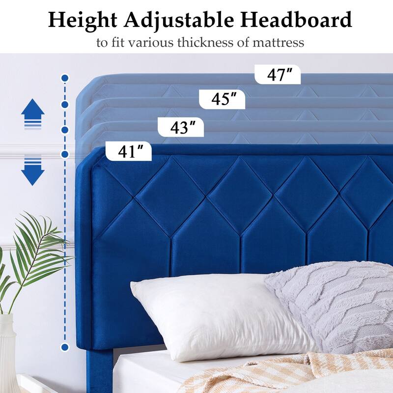 VECELO Adjustable Height Velvet Upholstered Bed Diamond Tufted Headboard with 7.8" Underbed Storage No Box Spring Needed