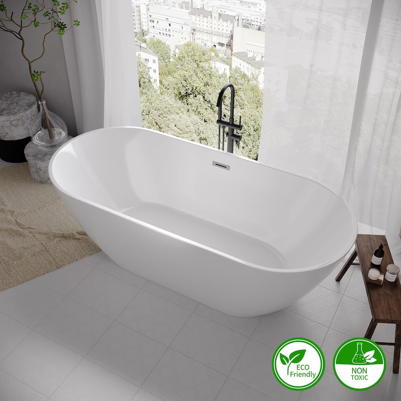 RAINLEX Oval Shaped Acrylic Freestanding Bathtub, Acrylic Glossy White Soaking Tub with Overflow and Pop-up Drain - Medium