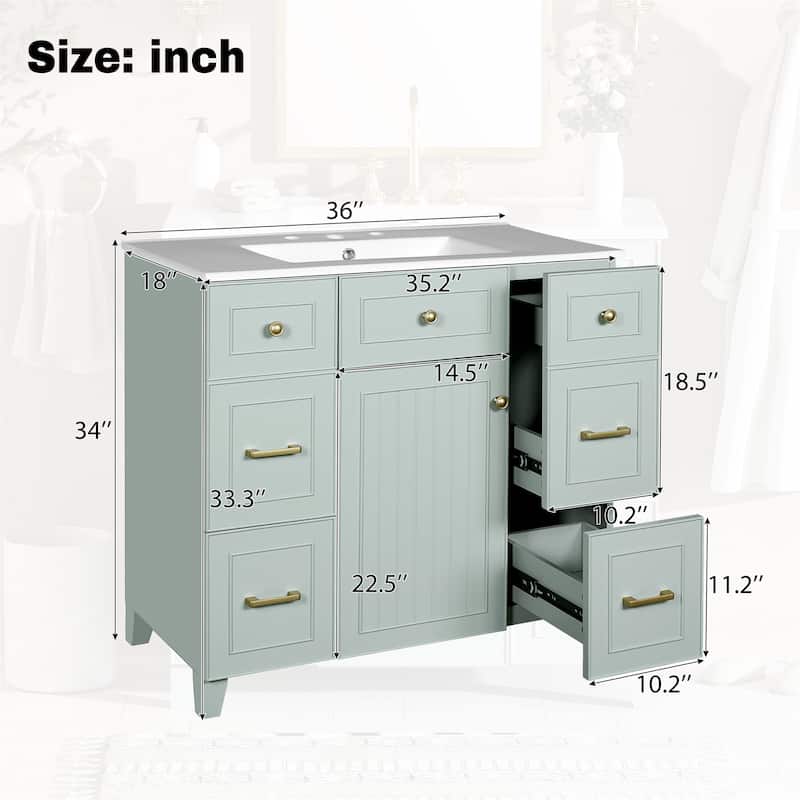 36" Bathroom Vanity w/ Ceramic Sink, Soft-Close Doors, 2 Drawers,Shelf