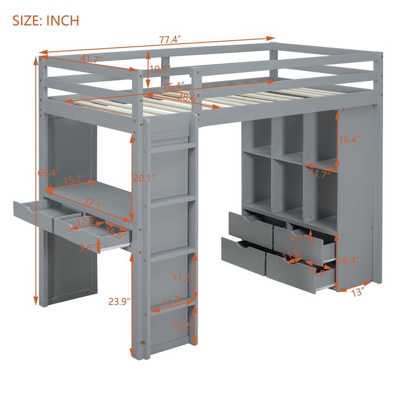 Gray Twin Size Solid Wood Loft Bed with Shelves, Writing Desk, and LED Light