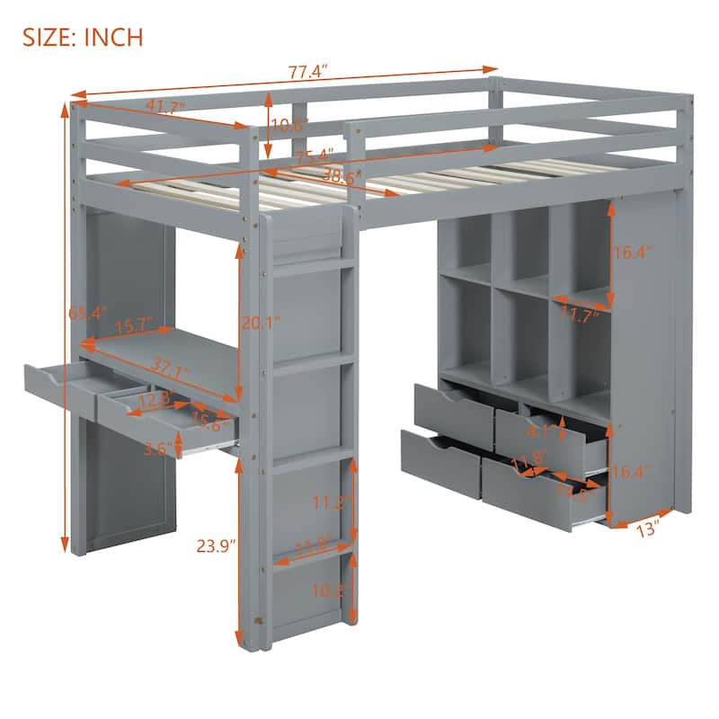 Twin Size Solid Wood Loft Bed with large shelves, writing desk and LED Light for Bedroom