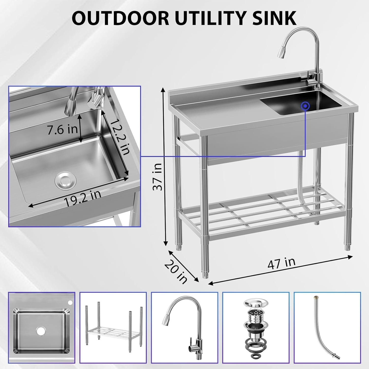 47'' Stainless Steel Utility Sink – Commercial Double Bowl Free-Standing Laundry Sink With Faucet, Storage Shelf, Mixer Valve & Drain Kit – Ideal For Garage, Basement, Or Kitchen