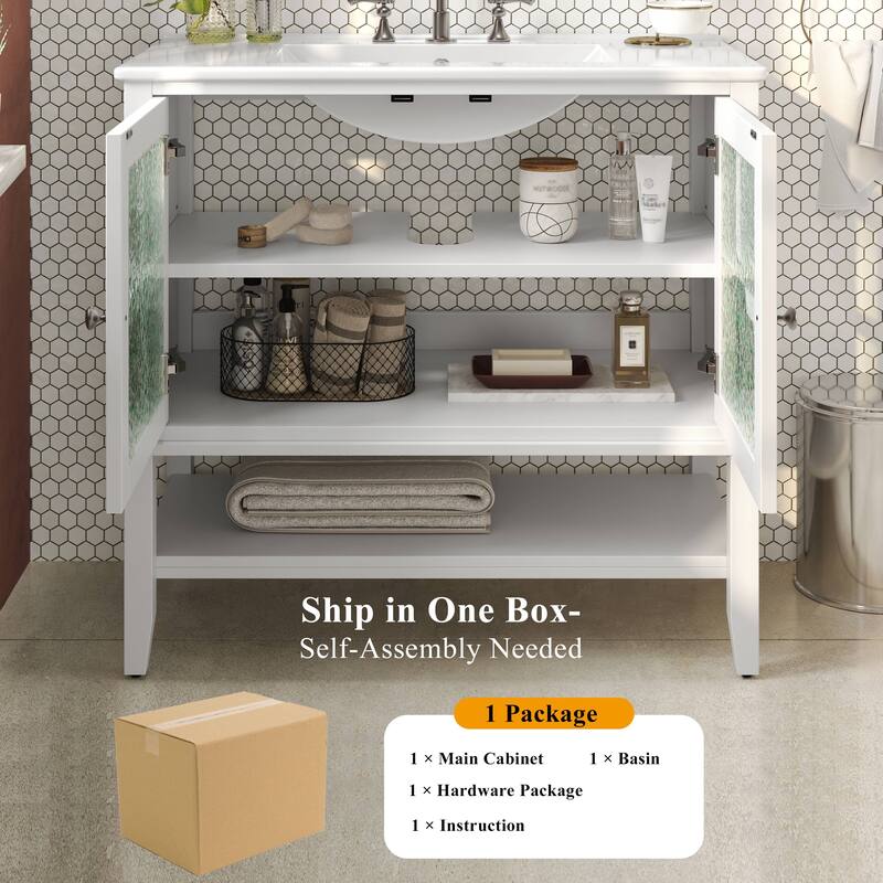36" Bathroom Vanity with Ceramic Sink, Bathroom Vanity with Adjustable Shelf and Open Shelf, with Solid Wood Legs