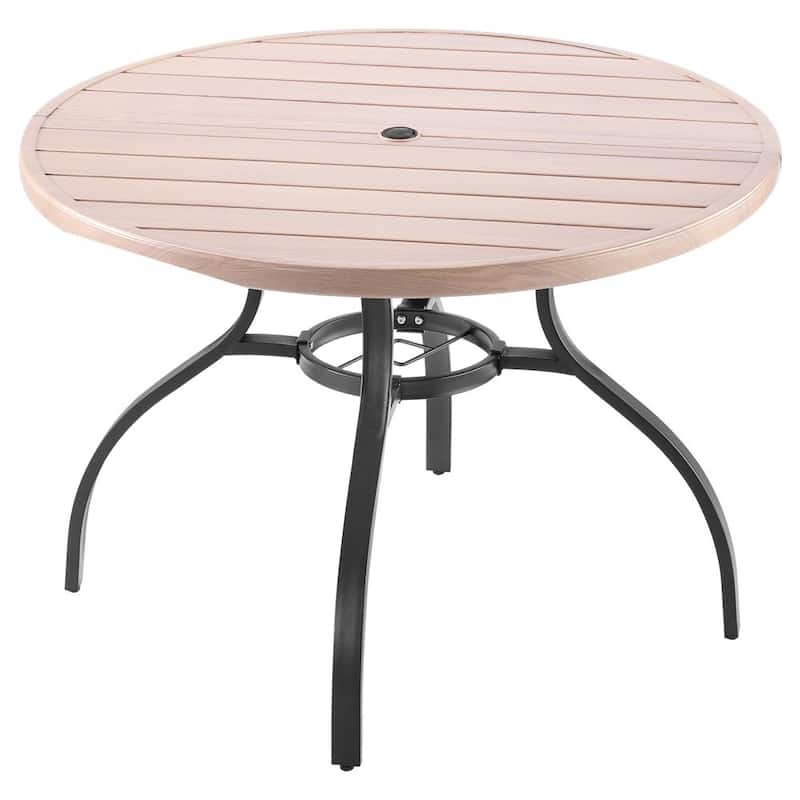 Outdoor Patio Dining Table Gray Wood Grain Carbon Steel Weather Resistant Backyard Bistro Table with Umbrella Hole - 41x28 in