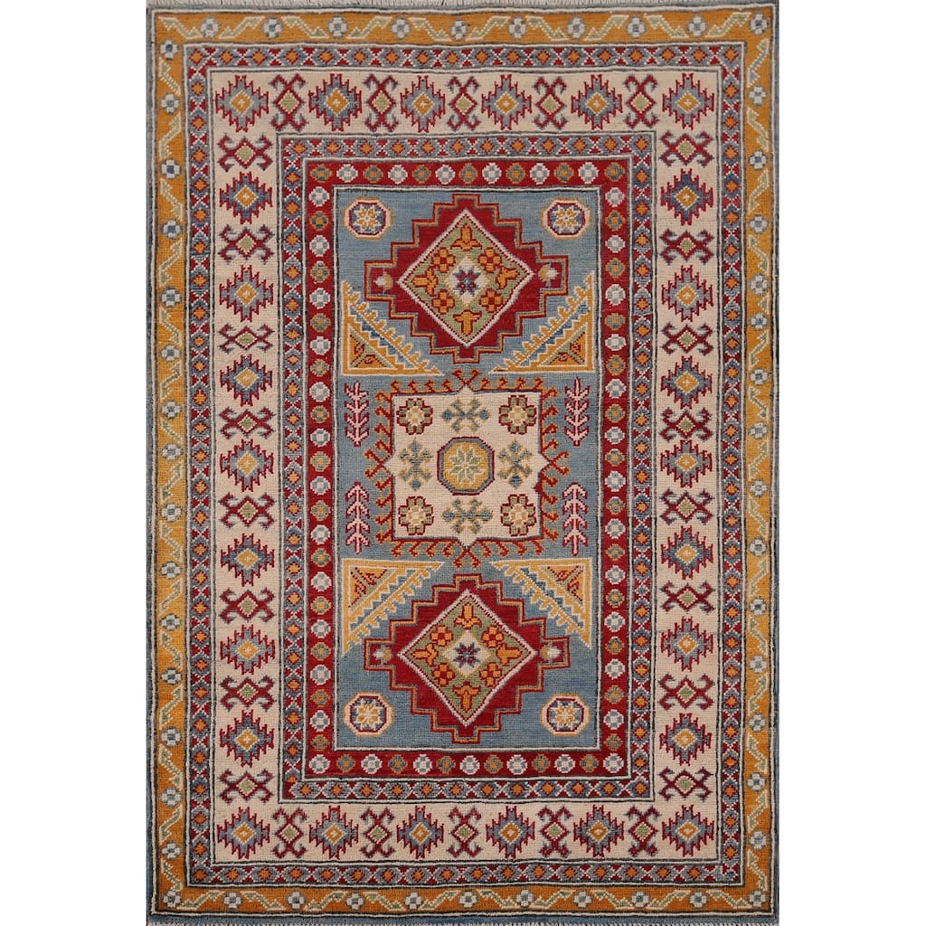 Multi-Color Kazak Oriental Accent Rug Handmade Wool Carpet - 3'4" x 4'9"