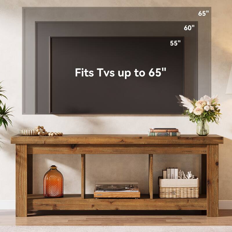 63" Solid Wood TV Stand for 75/65/60/55-Inch TVs, Farmhouse Entertainment Center with 3 Shelves, Rustic Brown