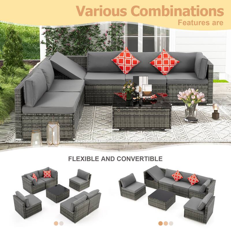 EROMMY 6/7 Piece Modular Outdoor Rattan Sofa Set, All-Weather Wicker Patio Furniture with Storage Table, Cushions & Pillows