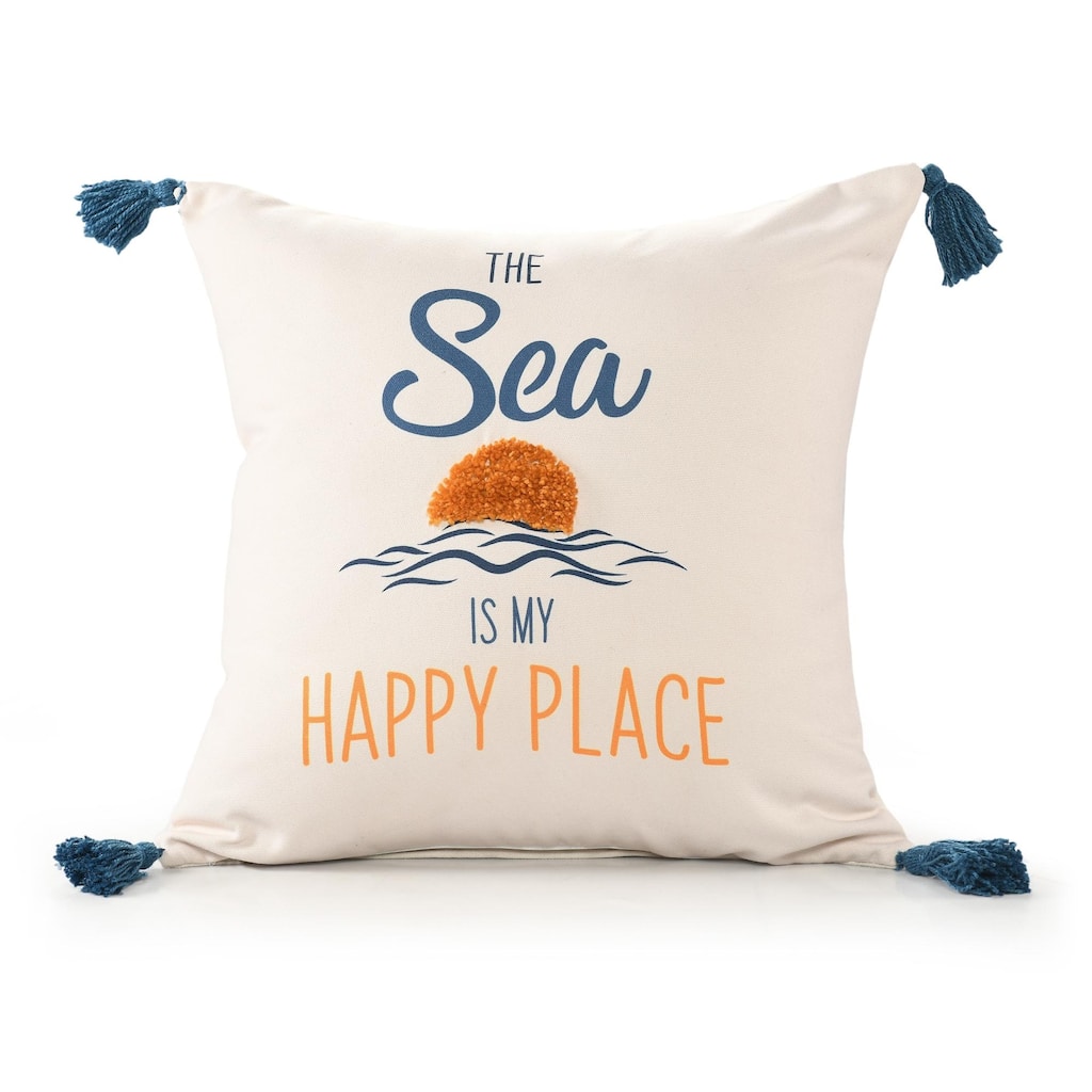Coastal Sea Is My Happy Place Square Throw Pillow - 20" - Navy Blue and Yellow