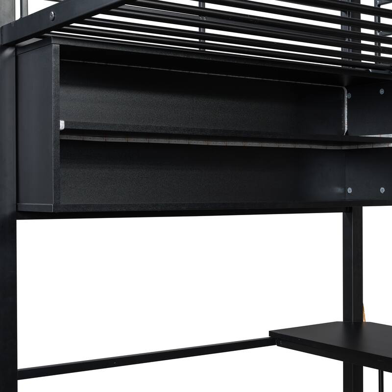 Twin Size Metal Loft Bed with LED Lighting, Desk and 4 Storage Shelves