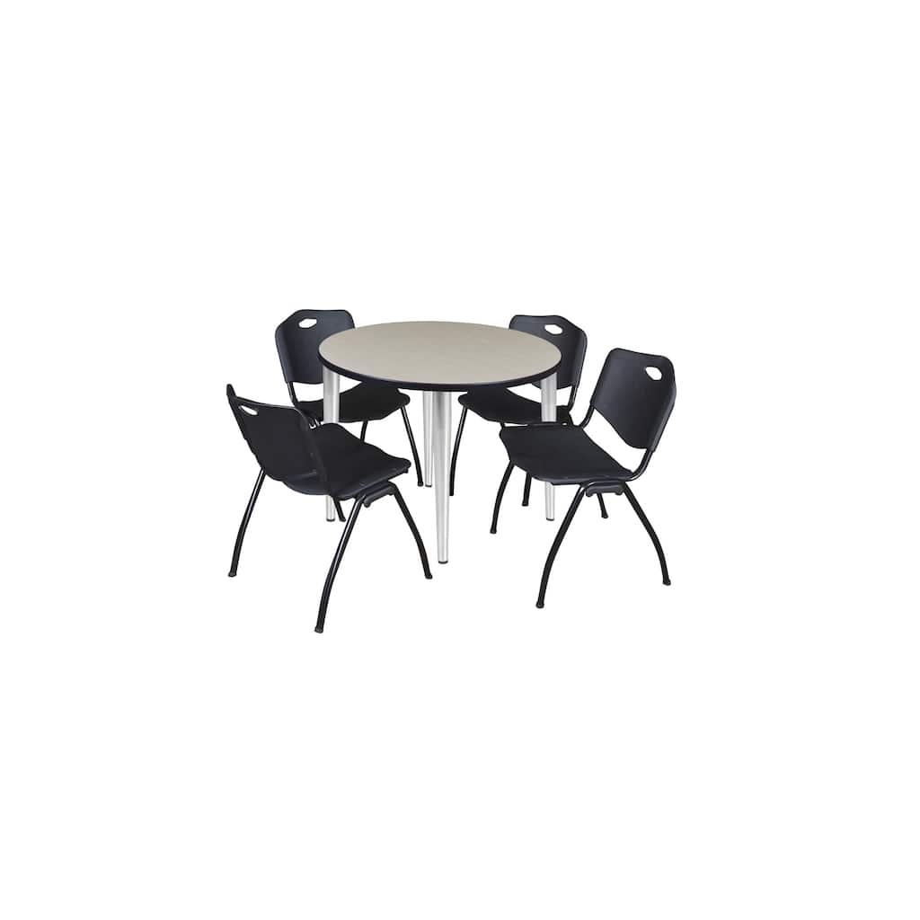 36 in. Round Breakroom Table- Maple Top, Chrome Base & 4 M Stack Chairs- Black