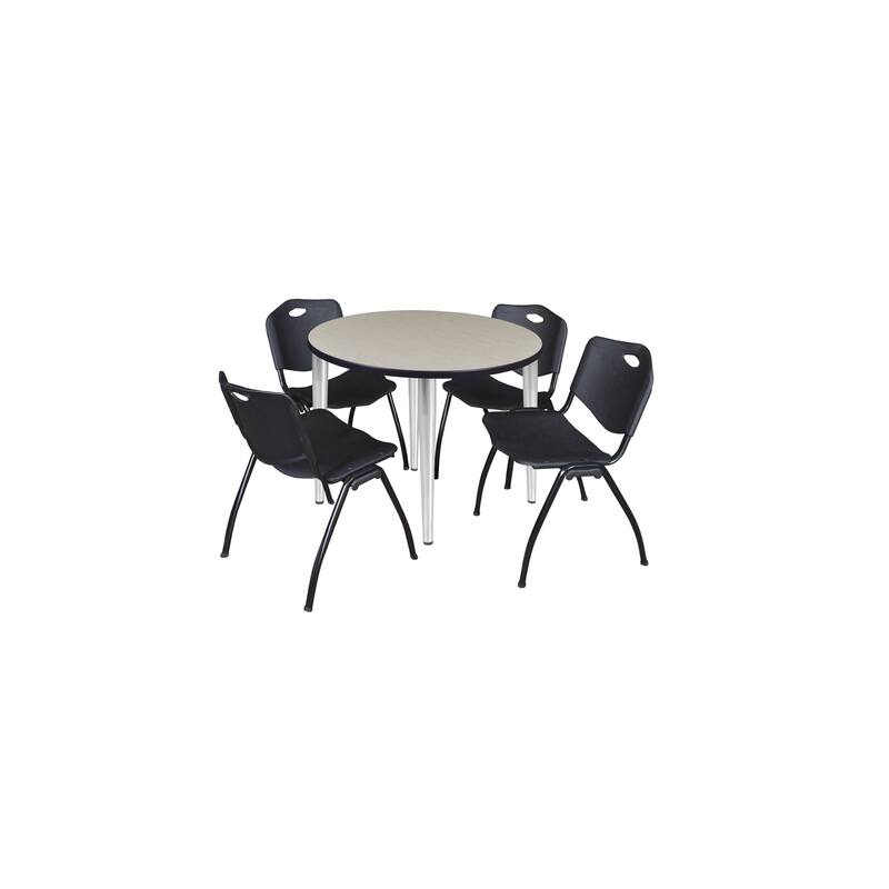 36 in. Round Breakroom Table- Maple Top, Chrome Base & 4 M Stack Chairs- Black