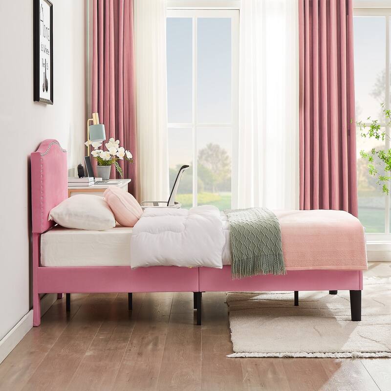 VECELO, Upholstered Platform Bed Frame with Adjustable Headboard, Twin/Full/Queen Size Beds, Pink