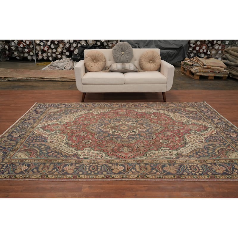 Hand Knotted Oriental 100% Wool Carpet Traditional Floral Pink Tabriz Area Rug - 9' 7'' X 6' 7''