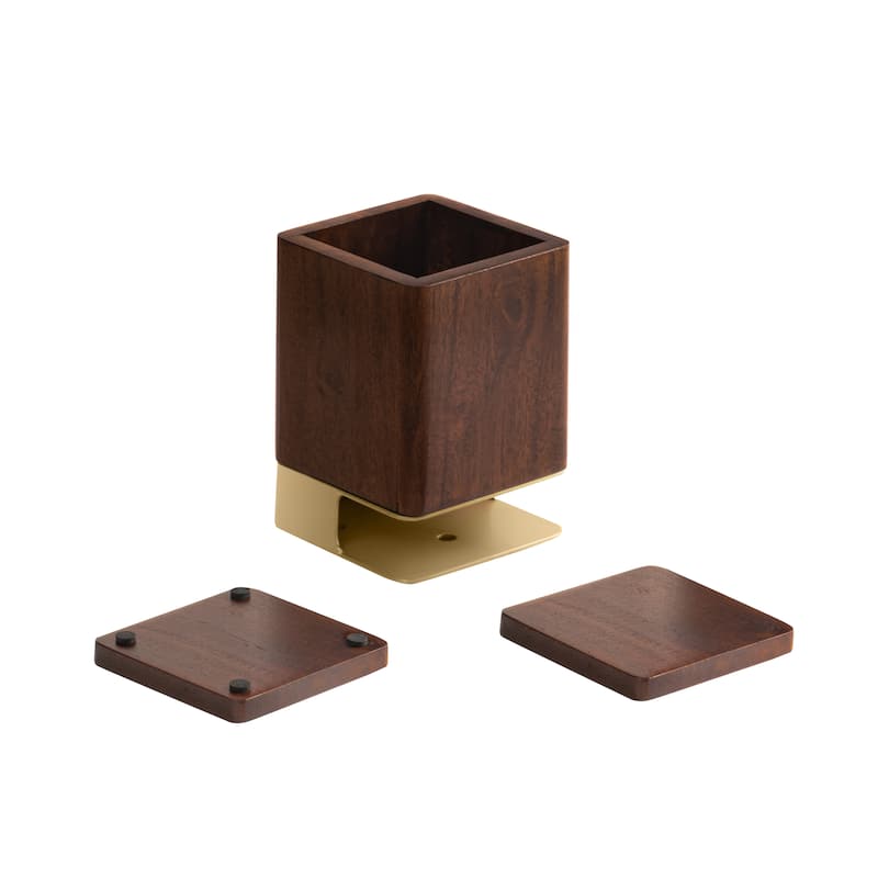 Jani Wooden Pen Cup Holder with 2 Coasters - Stained Mango Wood & Powder-Coated Metal Organizer for Home, Office & Living Spaces