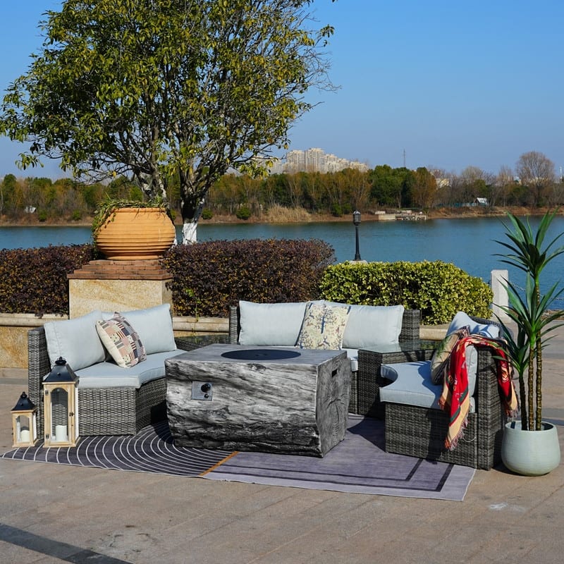 9-piece Halfmoon Patio Sectional Sofa Set with Fire Pit Table