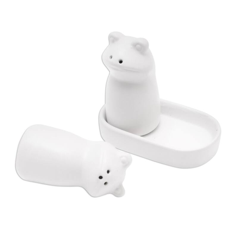 Novica Handmade Fanciful Frogs In White Ceramic Salt And Pepper Set