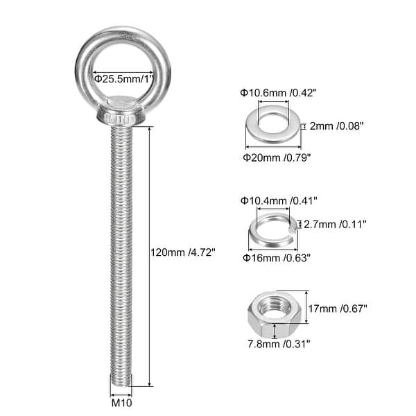 Lifting Eye Bolt, 1 Set Eye Bolt with Nut Washer 304 Stainless Steel