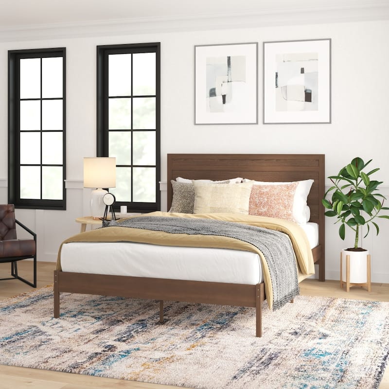 Solid Wood Platform Bed with Headboard and Wooden Slats - Brown - Queen