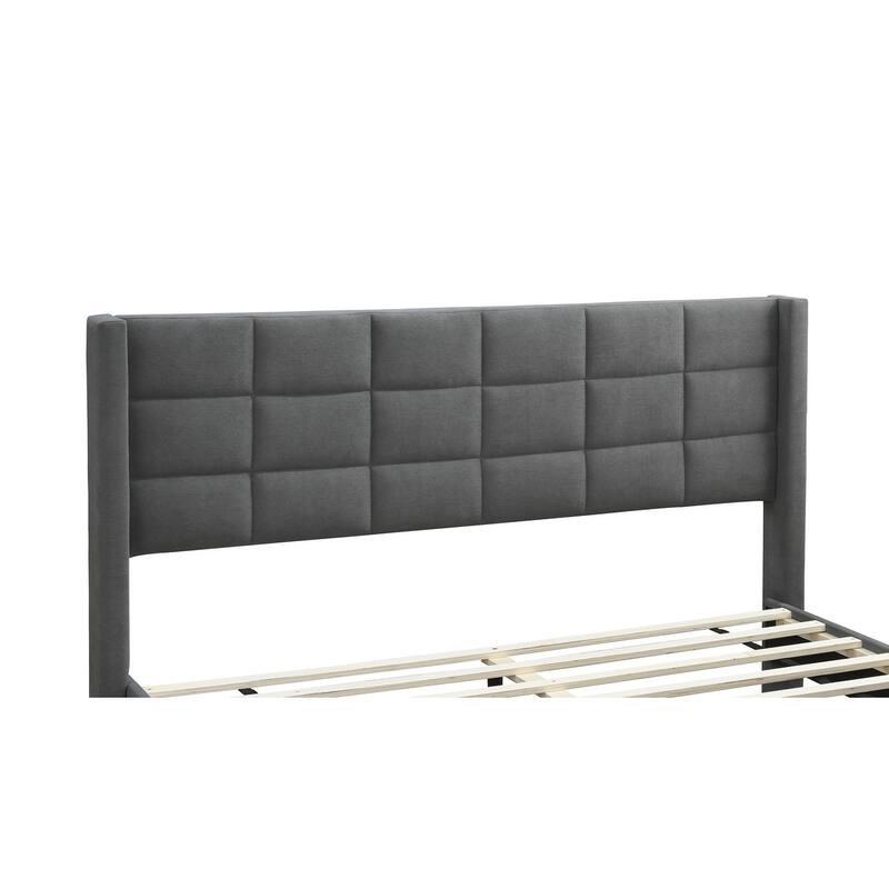 Modern Gray Brushed Linen Queen Size Upholstered Platform Bed with Tufted Headboard