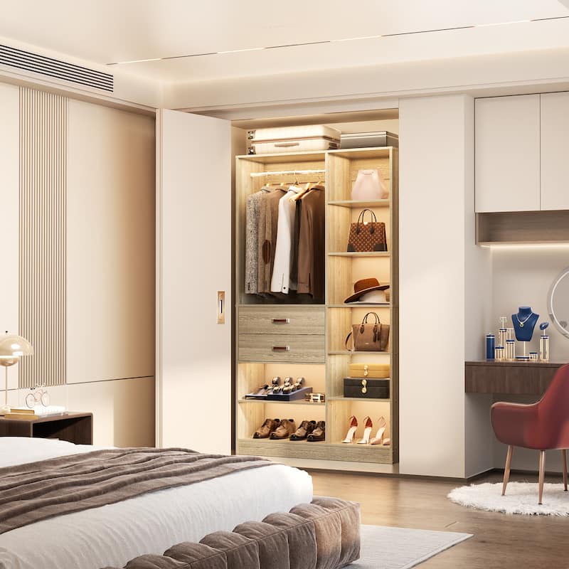 White Oak Freestanding Wardrobe, Closet Organizer System with Drawers for Walk-in & Reach-in Closet