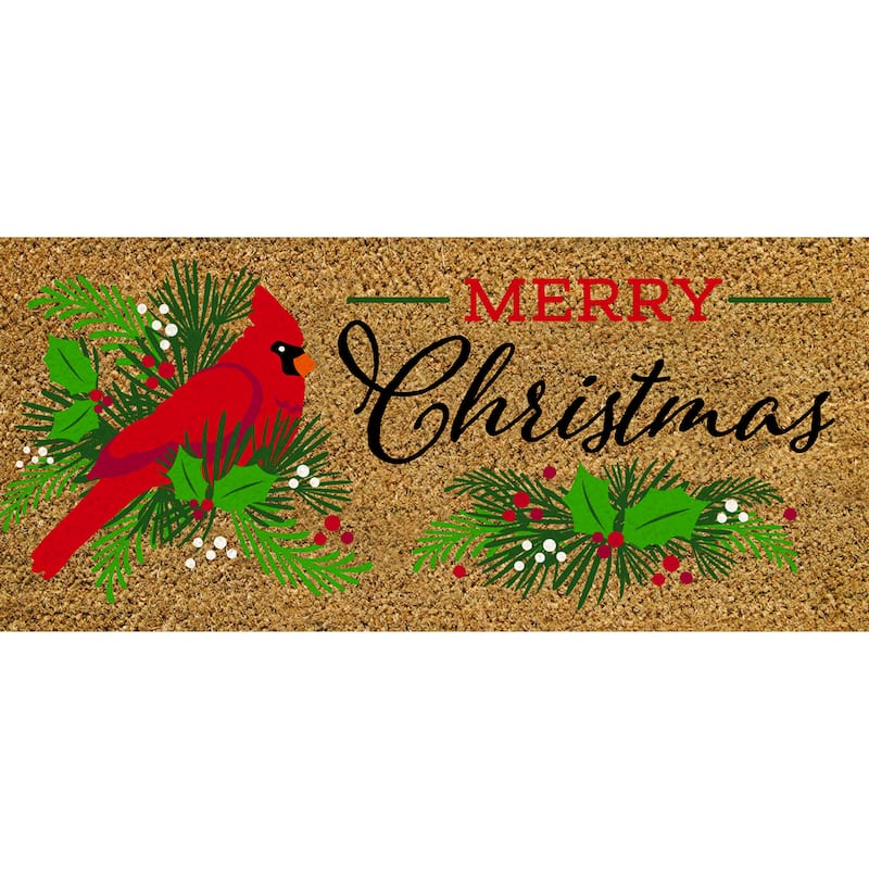 22 in. x 10 in. Merry Christmas Cardinal Flocked Coir Sassafras Switch Mat - 22 x 10