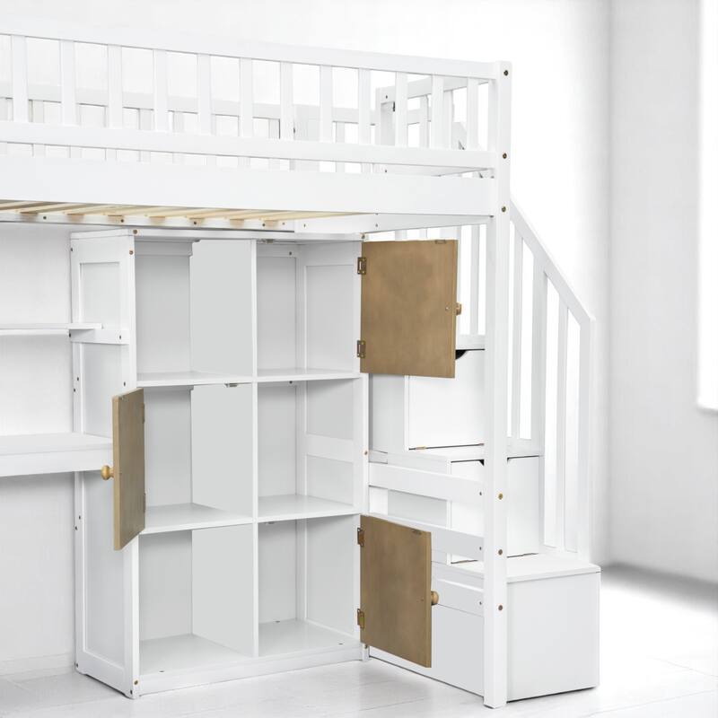 Wood Twin Loft Bed with Desk, 6 Cabinets, LED Strip, Shelves & Stair Storage - No Box Spring Needed