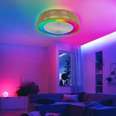 21" Modern Rustic Ceiling Fan Light with LED RGB Mood Lighting,Rope Woven Design,Semi Flush Mount(Silent/6-Speed/DC Motor)