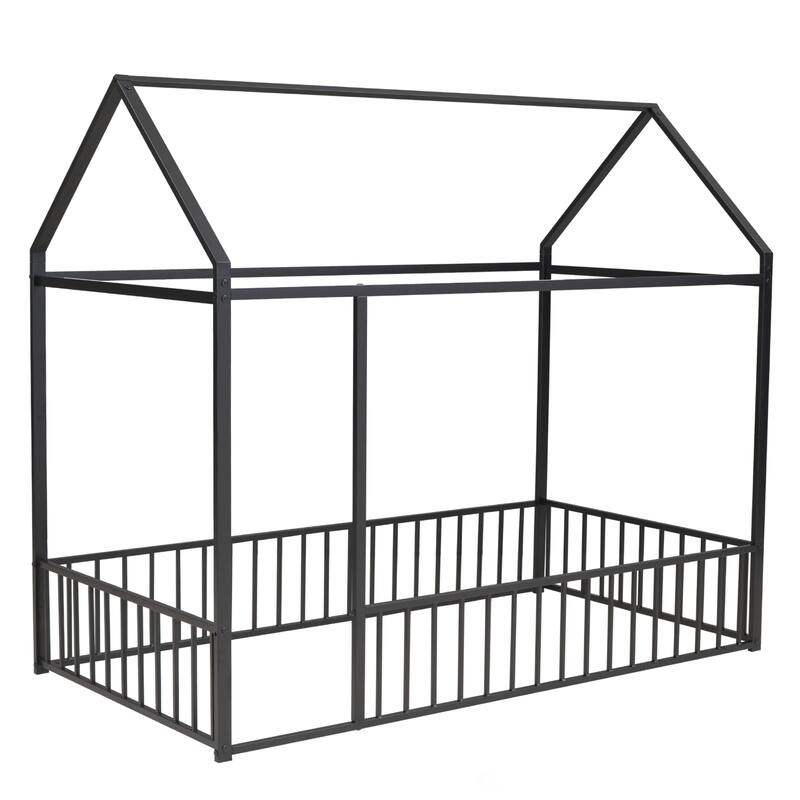 Twin Size Metal Bed House Bed Frame with Fence, for Kids, Teens, Girls, Boys