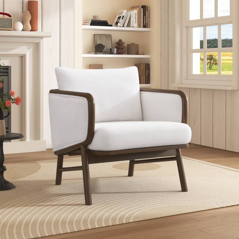 Upholstered Living Room Accent Chairs, Sherpa Fabric Arm Chair Reading Side Chair, Single Sofa with Wood Legs for Reading Room - White
