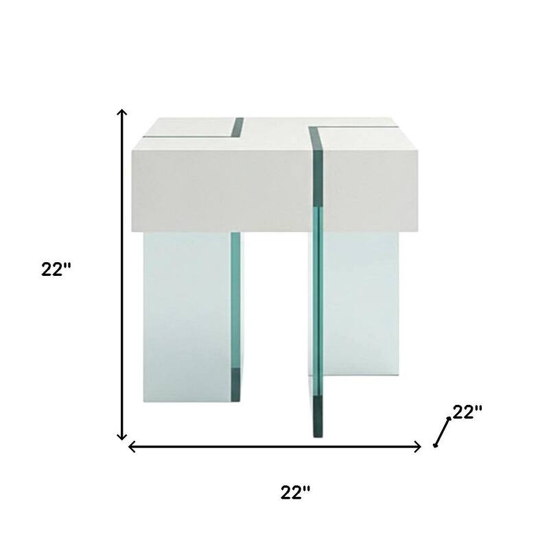 HomeRoots 22" White And Clear Wood And Glass Square Sled End Table - 22.00 in. x 22.00 in. x 22.00 in.
