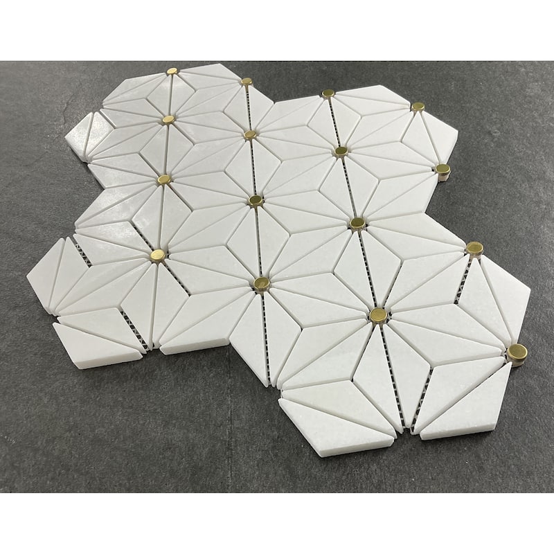 Thassos White Hexagon Marble With Gold Accents Mosaic Tile - 1 Case (10 Sheets)
