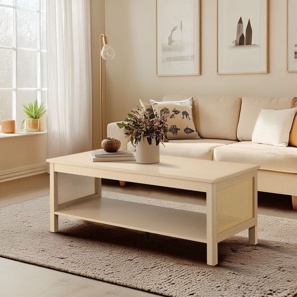 slide 2 of 20, Chelsea Square Ashlyn 2-Tier Coffee Table with Rattan Sides & Spacious Open Shelf Storage - 21.75x16 Natural
