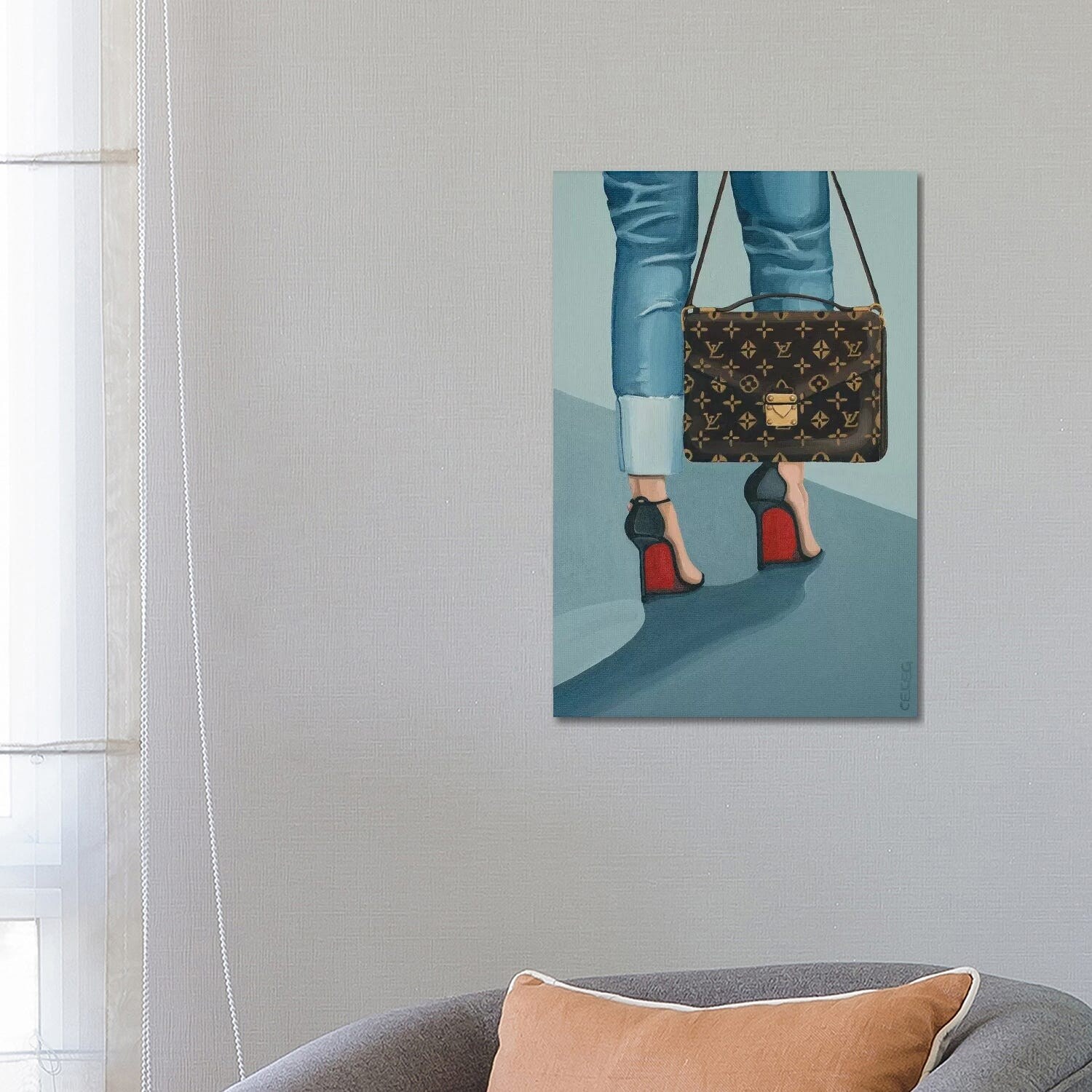 Framed Canvas Art (Champagne) - Woman Sitting on Stairs with Louis Vuitton Bag by Cece Guidi ( Fashion > Fashion Brands > Louis Vuitton art) - 26x18