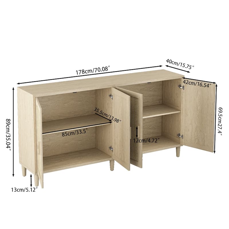 70" Rattan Sideboard Buffet Cabinet with Adjustable Shelves and Storage, Solid Wood Legs, for Kitchen or Dining