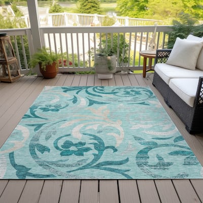 Machine Washable Indoor/ Outdoor Chantille Floral Scroll Rug