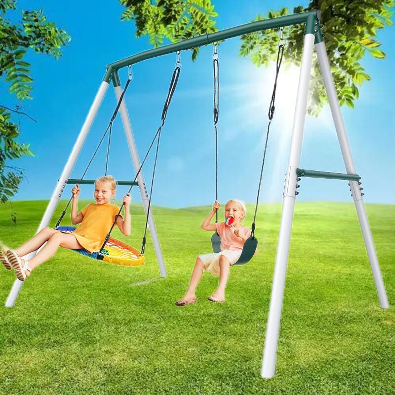 7.6' Heavy Duty Tall Swing Sets for Backyard for Kids with Spider Web Saucer Swing , Belt Swings